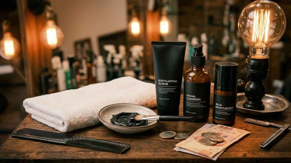 Productos de cuidado facial masculino y mascarilla negra en Mineral de la Reforma