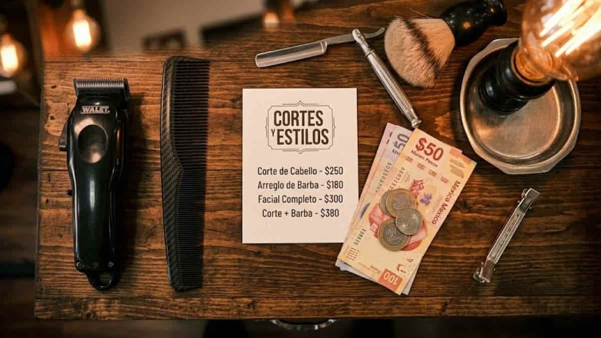 Herramientas de barbero y lista de precios sobre una mesa en Mineral de la Reforma