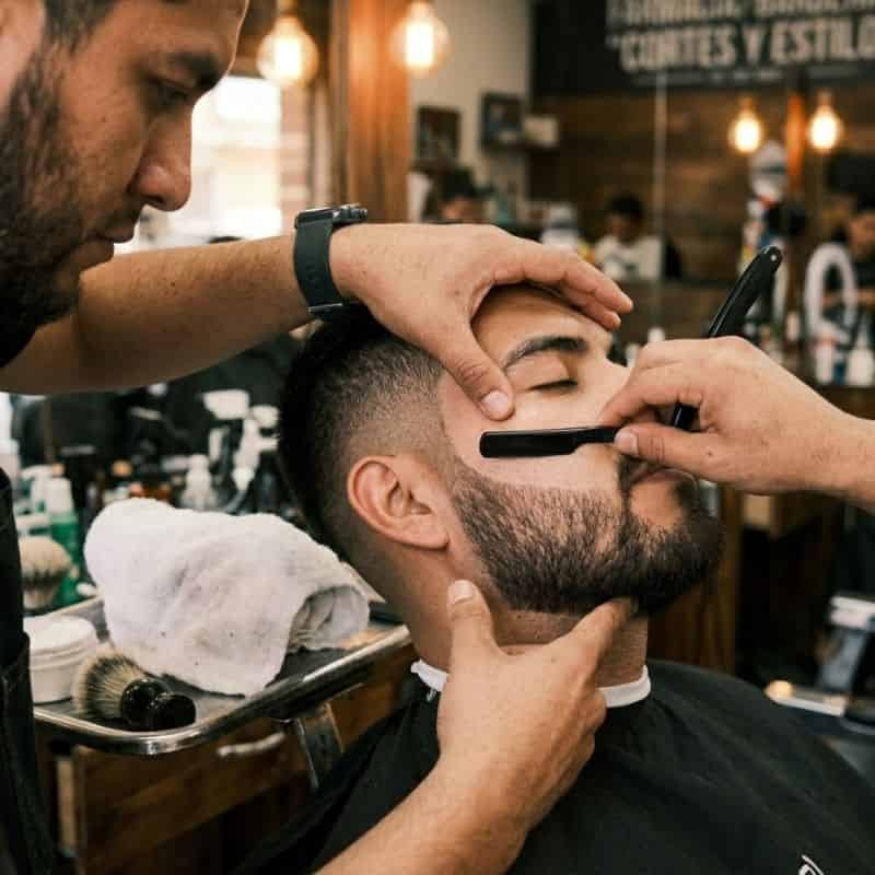 Barbero perfilando una barba con navaja en Mineral de la Reforma
