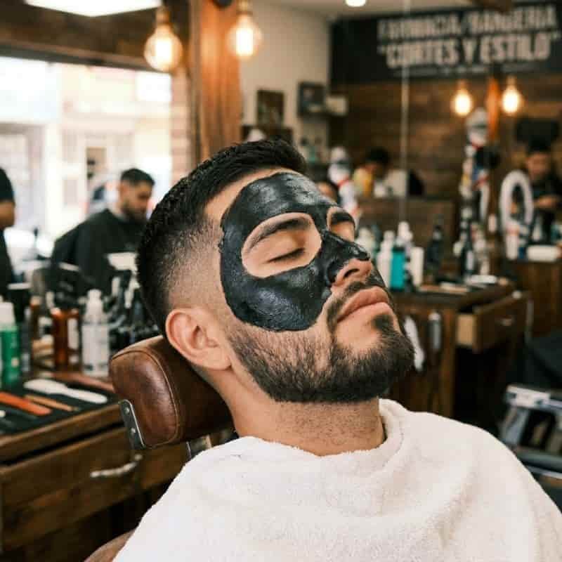 Hombre con mascarilla negra durante un facial en Mineral de la Reforma